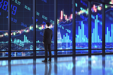 Aufkleber - Stock market analysis concept with businessman back lokking on digital screen with financial graphs, diagram and world continenets