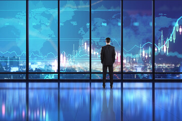 Aufkleber - Global investment business concept with businessman analysing digital display with world map, forex chart graphs and candlestick
