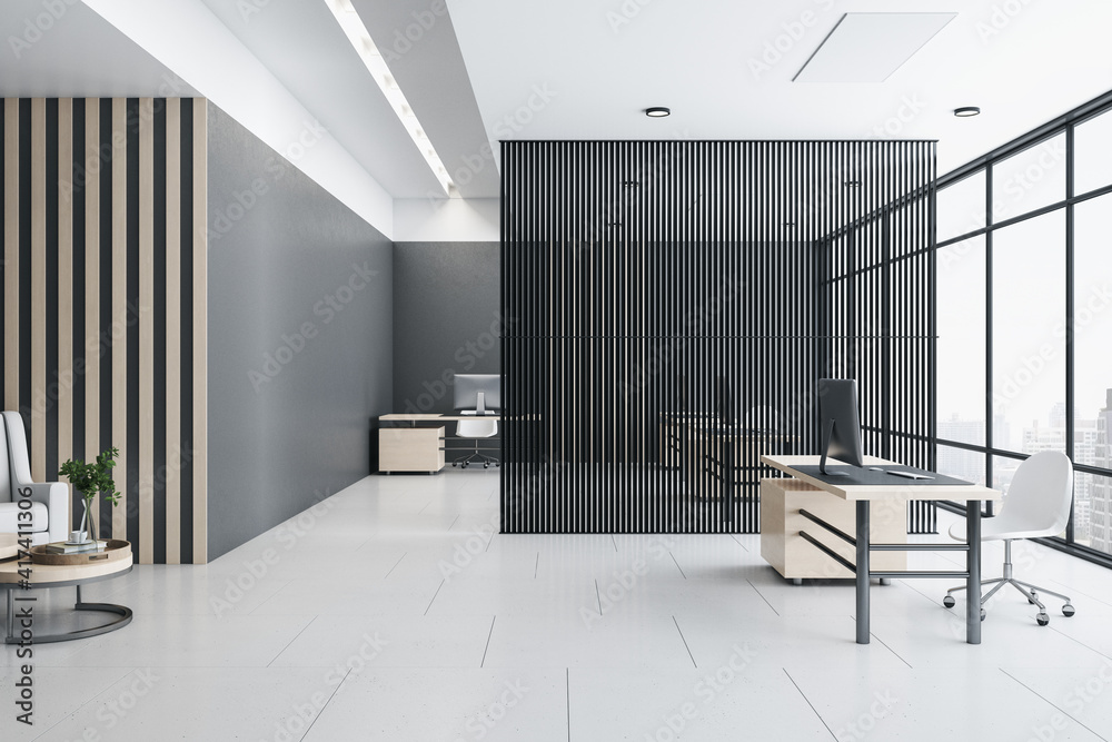 Eco style interior zoning concept with black partition between ...