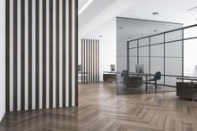 Empty Striped Wall In Stylish Office With Wooden Furniture, Airy Partition, Parquet And Big Window. Mock Up