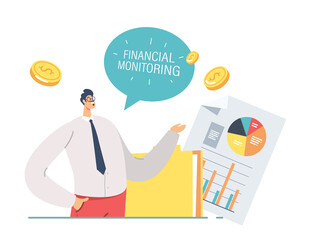 Poster - business meeting, project presentation. businessman character pointing on financial monitoring chart