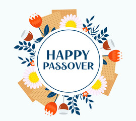 Wall Mural - Passover greeting card, poster, invitation, flyer. Pesach template for your design with matzah and spring flowers. Happy Passover inscription. Jewish holiday background. Vector illustration