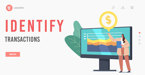 Poster - Business Presentation Landing Page Template.Tiny Businesswoman Character Give Financial Monitoring Statistics at Monitor