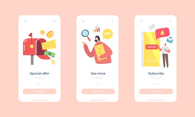 Poster - Special Offer Mobile App Page Onboard Screen Template. Business Characters Sending Messages and Notifications