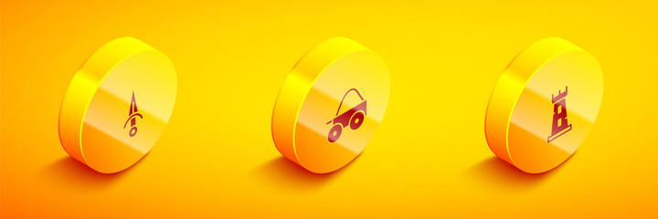 Sticker - Set Isometric Dagger, Wooden four-wheel cart and Castle tower icon. Vector.