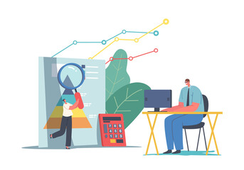 Poster - Statistical and Data Analysis for Business Investment and Financial Monitoring. Tiny Business Characters with Diagrams