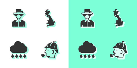 Sticker - Set Sherlock Holmes, Queen Elizabeth, Cloud with rain and England map icon. Vector.