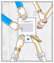 Poster - Bank customer write a sign on financial form of money credit with employees helps him and explains the terms of loan or Businessman signs contract paper, top view of desk with people hands. Vector.