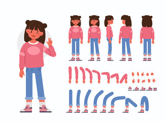 Wall Mural - Little Girl  Character Constructor for Animation.  Front, Side and Back View. Cute Kid wearing Trendy Clothes in Different Postures. Body Parts Collection. Flat Cartoon Vector Illustration.