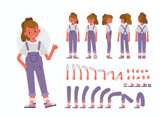 Wall Mural - little girl character constructor for animation. front, side and back view. cute kid wearing jeans o