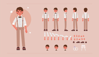 Groom Character Constructor for Animation. Front, Side and Back View. Cute Boy wearing Wedding Costume in Different Postures. Body Parts Collection. Flat Cartoon Vector Illustration.