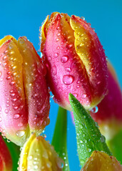 Wall Mural - Fresh spring tulips flowers with water drops. Greeting card for Happy International Women's Day. Macro. Shallow depth of field. 