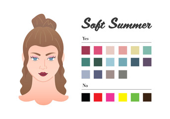 12 seasons Color types for woman - Soft Summer type. Perfect color for your wardrobe. Do and do not colors in 12 season analysis, yes and no basic swatch tones - Fashion guide infographic