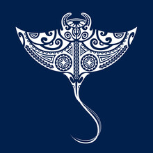 Manta Ray Illustration In Maori Style. Ornament For Divers. White On Blue Background.
