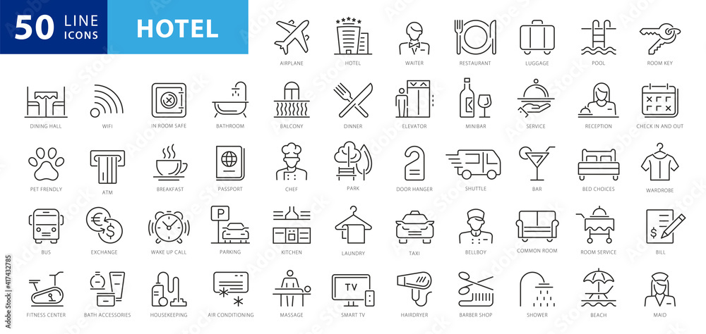 Hotel elements - thin line web icon set. Outline icons collection. Simple vector illustration - obrazy, fototapety, plakaty 
