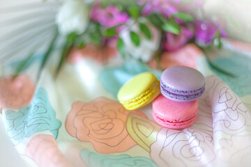 Colorful spring French macarons decorated