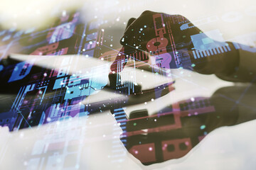Poster - Double exposure of abstract programming language hologram with finger clicks on a digital tablet on background, research and development concept