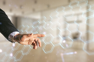 Poster - Man hand clicks on abstract virtual wireless technology hologram with hexagon on blurred office background. Big data and database concept. Multiexposure