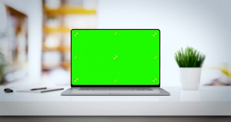 Poster - Modern laptop with blank frameless screen smooth zoom in - white table with mouse and notepad. Home interior or office background, 4k 30fps UHD