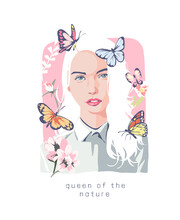 Queen Of The Nature Slogan With Beautiful Girl And Colorful Butterflies Illustration