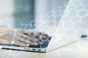 Poster - Creative abstract technology sketch with hexagon grid and hands typing on computer keyboard on background, future technology and AI concept. Double exposure