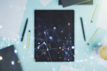 Aufkleber - Double exposure of technology hologram and digital tablet on background, top view. Research and development software concept