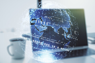 Poster - Multi exposure of abstract creative coding sketch with world map on modern laptop background, artificial intelligence and neural networks concept