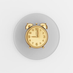 Poster - Golden vintage alarm clock icon. 3d rendering gray round key button, interface ui ux element.