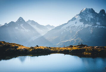 Canvas Print - Great Mont Blanc glacier with Lac Blanc. Location place Chamonix resort, Graian Alps, France, Europe.