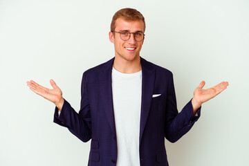 Young business caucasian man isolated on white background