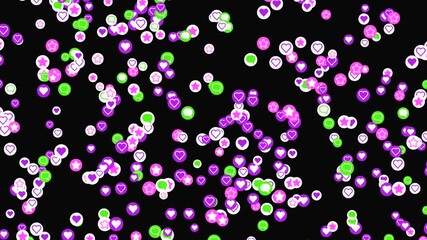 Poster - Stream of many circles with sign. Animation. Lots of colored circles with icon on black background. Stream of moving circles with sign