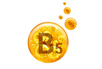 Wall Mural -  Vitamin B5 capsule. Golden balls with bubbles isolated on white background. Healthy lifestyle concept.