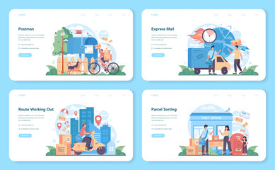 Wall Mural - Postman profession web banner or landing page set. Post office staff providing