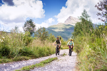 Wall Mural - family with small children cycling outdoors in summer nature, high tatras in slovakia.