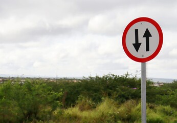 Two Way Street Sign with nature in the background.
