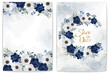 Collection of  floral borders. Template for Invitation or greeting card with wedding flowers and light marble. Dark blue and white anemones 