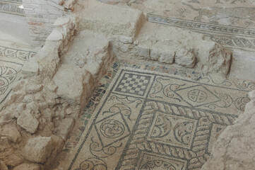 Closeup of the figures on the floor of the ancient Roman Villa in salar town of Poniente de Granada, mosaic paved columns and Venus in recent excavations