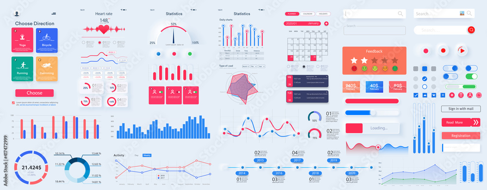 Different UI, UX, GUI mobile screens modern infographic. Diagram template and chart graph. Flat web icons for mobile apps, responsive website including. Web design and mobile template. Stock vector - obrazy, fototapety, plakaty 