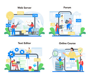 Poster - back end development online service or platform set. software development