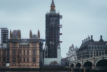 London UK January 2021 Cold Freezing Winter Day In London, View Of The Parliament Building And The Big Ben In The Process Of Renovation, Surrounded By Scaffolding As It Is Being Refurbished
