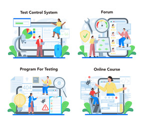 Poster - software testing online service or platform set. application or website