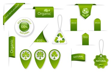 Wall Mural - Set of green tags and labels. Eco and bio badges with leaves and trees. Farm, organic and natural symbols. Collection of tags and labels for fresh and ecological products. Isolation. Vector 