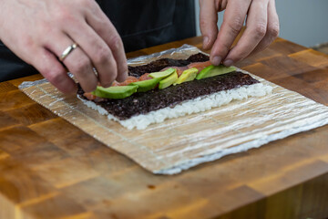 Closeup of chef hands preparing japanese food. Professional chef making sushi at restaurant. Man hands making traditional asian sushi rolls on cutting board.