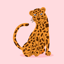Leopard Sitting Illustration On Pink Background. Exotic Jungle Animal