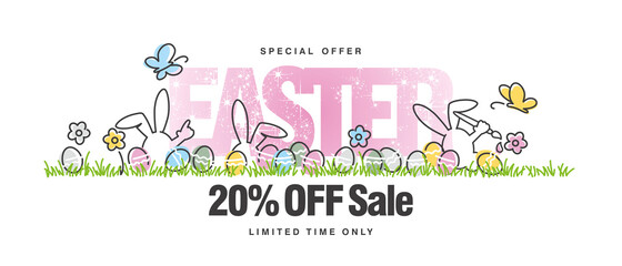 Wall Mural - Special offer Sale 20% off. Easter white background with butterfly, rabbit and spring flowers colorful eggs in a pattern of green grass