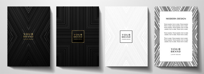 modern black cover, frame design set. luxury creative line pattern in premium colors: black, gold an