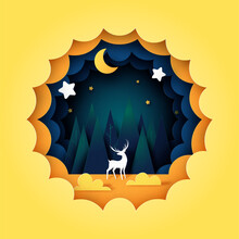 Deer In Night Sky Paper Cut Style.Dark Blue Cloudy Landscape With Pine Forest,stars And Crescent Moon.