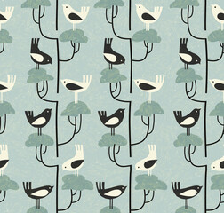 Wall Mural - Cute mid-century style seamless  pattern with birds  standing on shrubs. Fresh design for fabric, gift wrap, backgrounds and home decor.