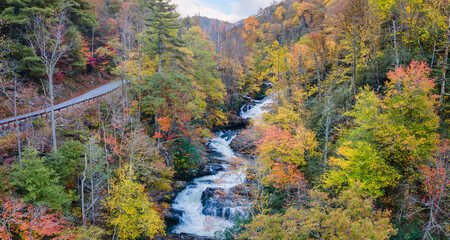 Wall Mural - Morning Autumn view of Cullasaja Gorge - Bust your butt falls on US Highway 64,  Mountain Waters Scenic Highway & Waterfall Byway near Highlands, North Carolina - Nantahala National Forest