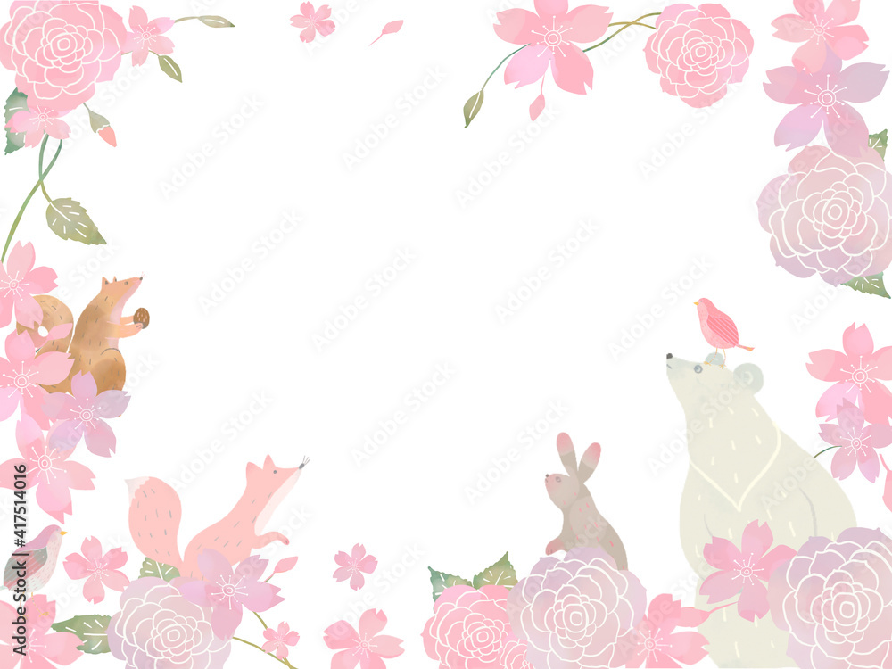 桜の花と春の北欧風花柄と動物のかわいいフレームイラスト素材 Animal Poster Anim Melchi